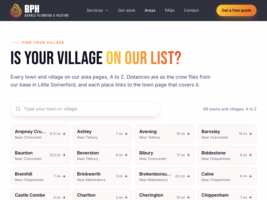 The village finder, headed Is your village on our list?, with a search field and a grid of villages such as Ashley, Avening and Brinkworth, each with its distance in miles.