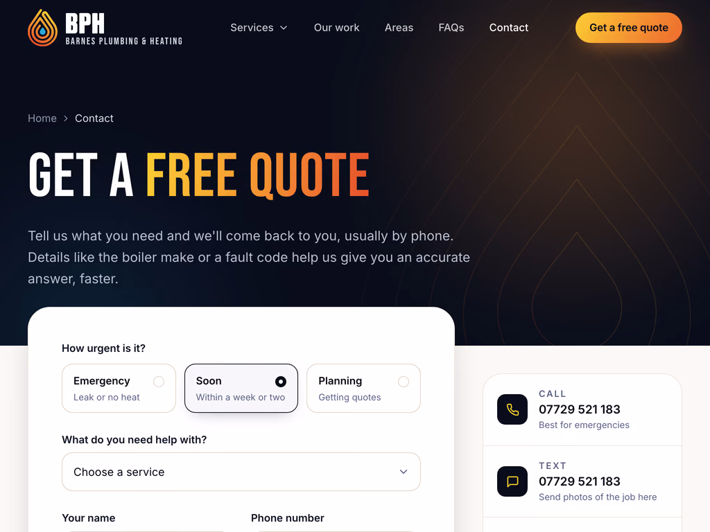 The Get a free quote page, opening with How urgent is it? and three choices, Emergency, Soon and Planning, beside cards to call or text the number.