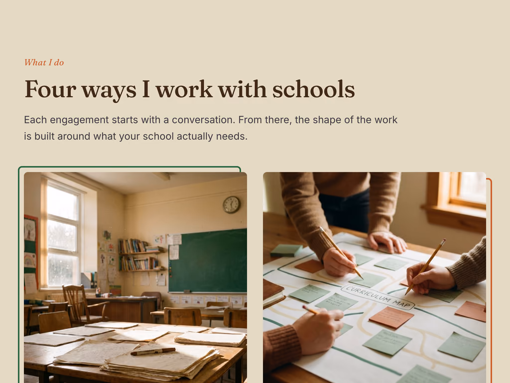 Cultivate's services section, headed Four ways I work with schools, with photographs of a classroom and a curriculum map.
