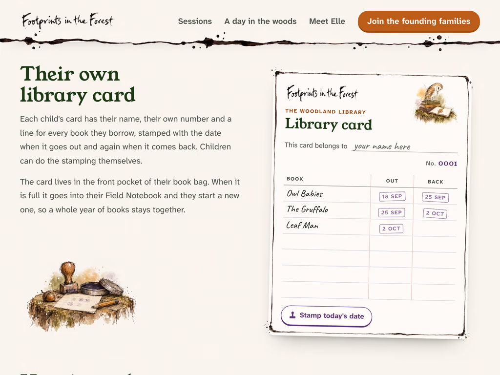 The woodland library's card, number 0001, with Owl Babies, The Gruffalo and Leaf Man stamped out and back in purple ink, beside a button to stamp today's date and a drawing of a rubber stamp and ink pad.