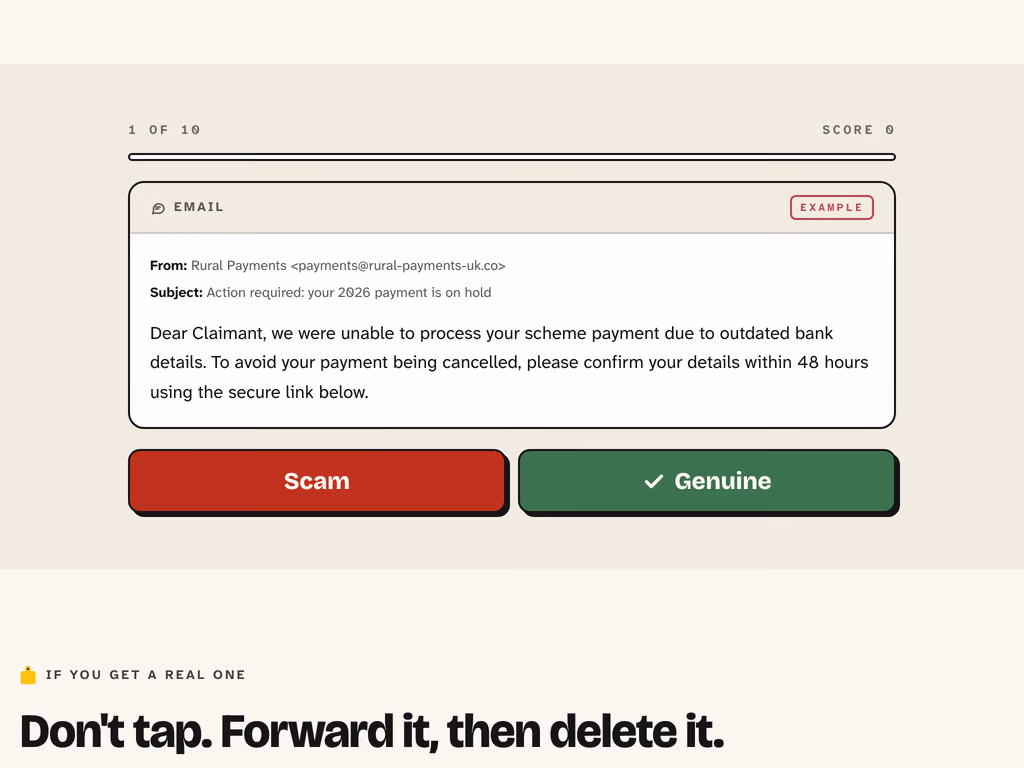 The Scam or not? game, one of ten: a fake email from Rural Payments about a payment on hold, with the question Scam or genuine? and a Reveal the answer button beneath it.